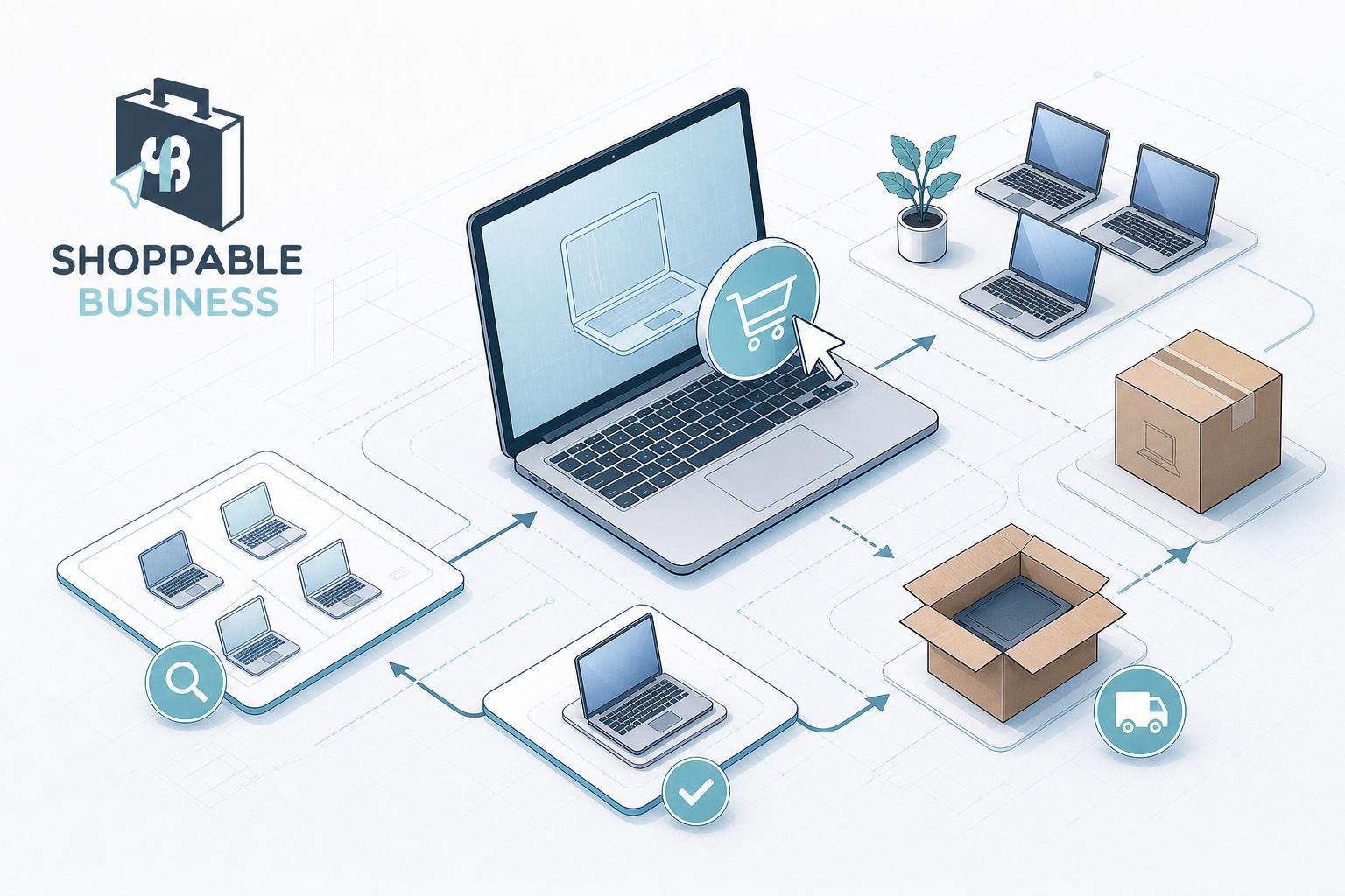 Isometric illustration of a laptop procurement workflow showing search, selection, bulk ordering, and shipping icons in a clean blue and white style.