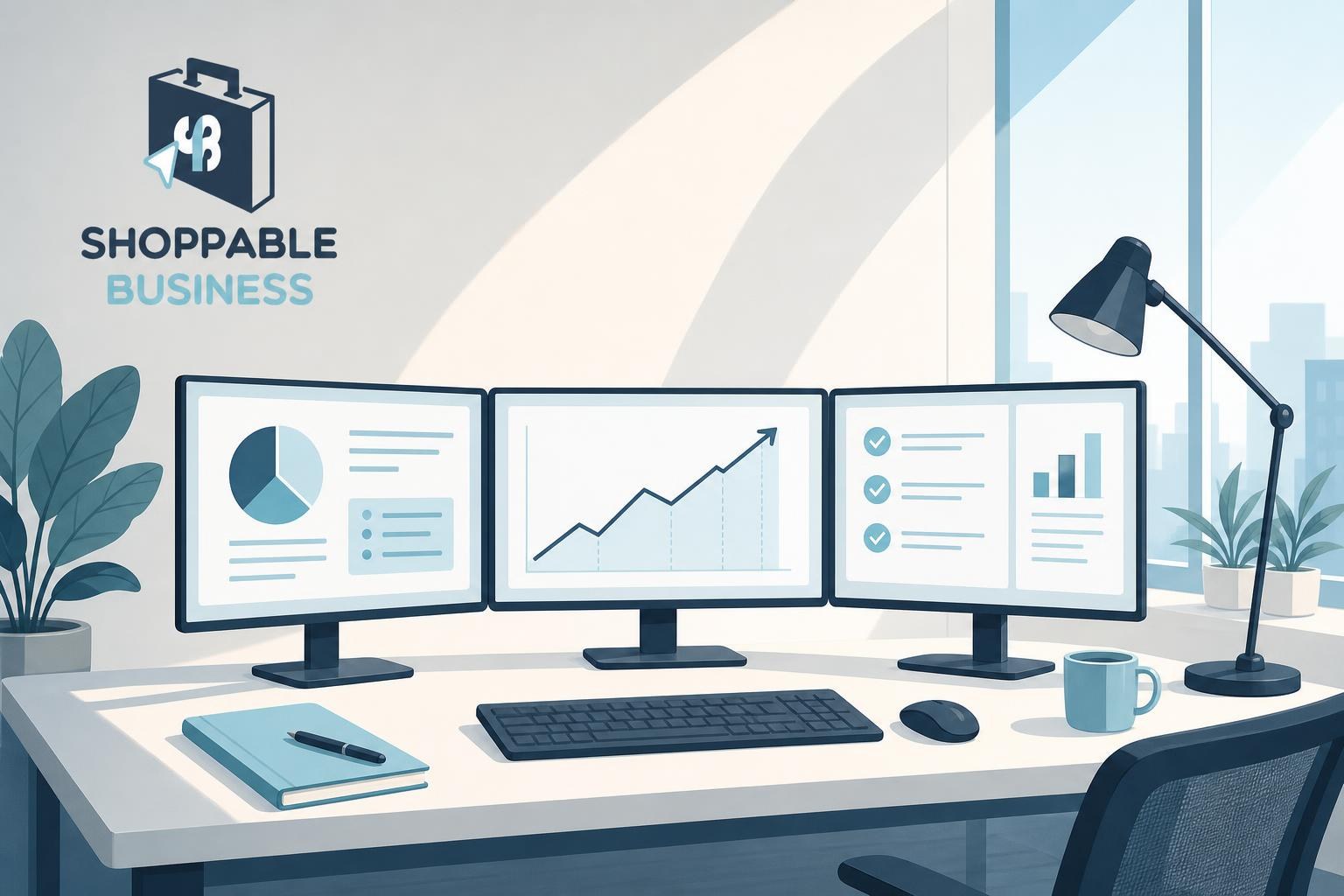Minimalist illustration of a three-monitor desk setup displaying data charts in a bright, modern office with blue and white tones.