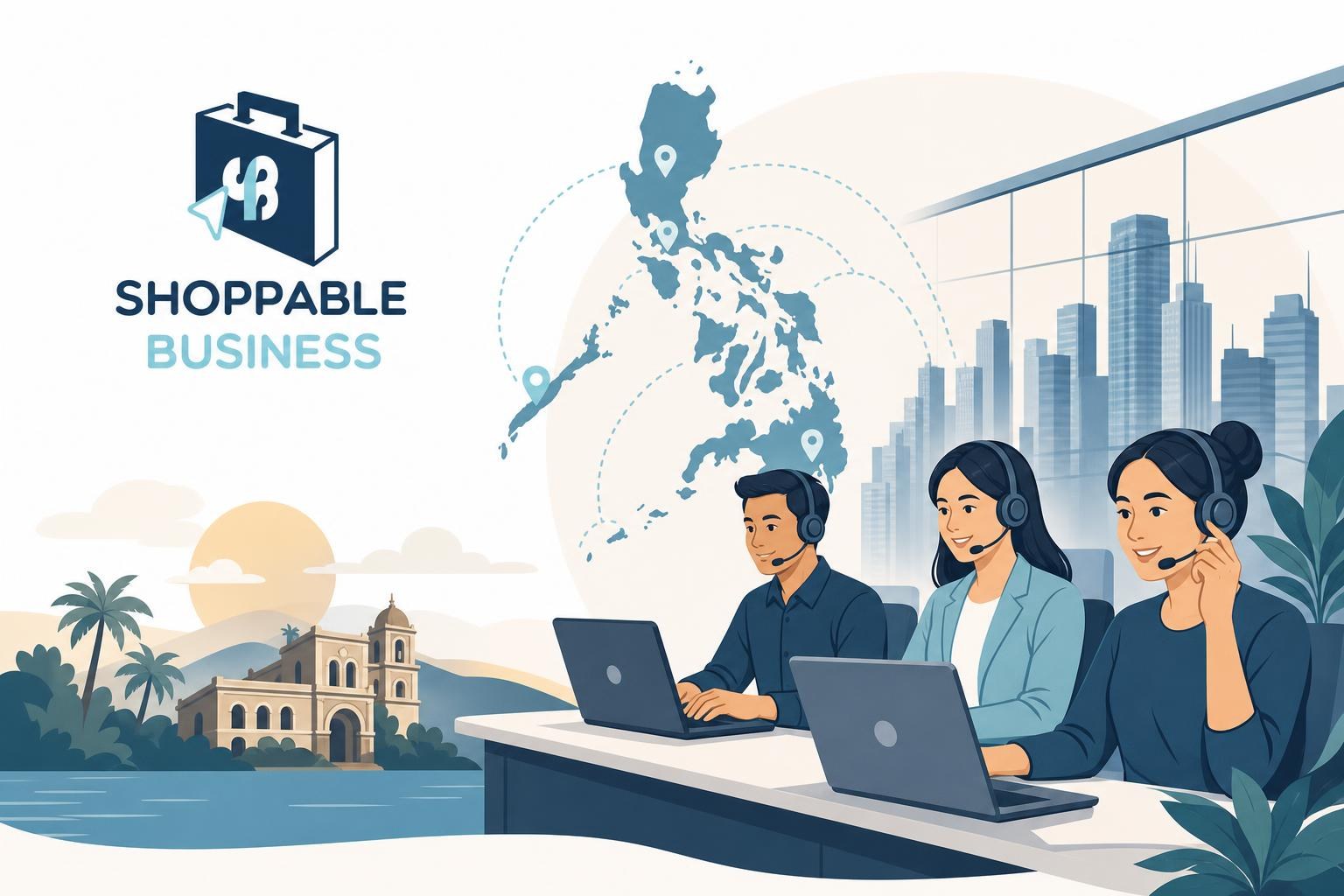 Illustration of call center agents with headsets and laptops, set against a map of the Philippines and a city skyline.